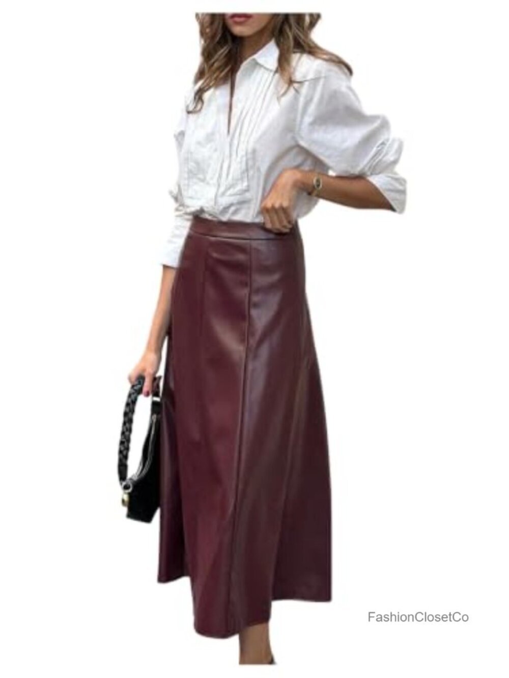 Faux Leather Maxi Skirt High Waisted Flared A-Line Business Casual